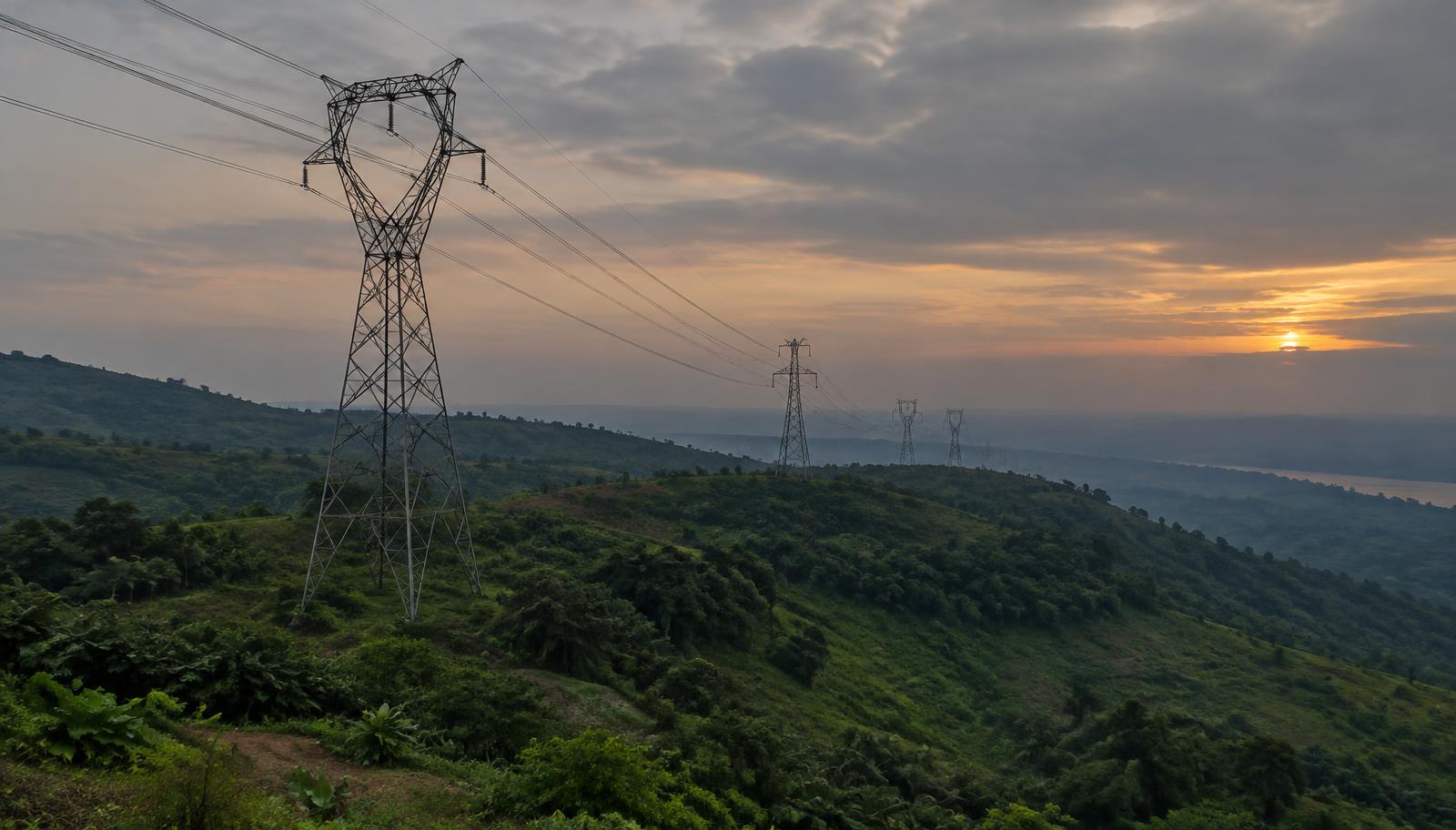 Lignes électriques à haute tension traversant des collines verdoyantes